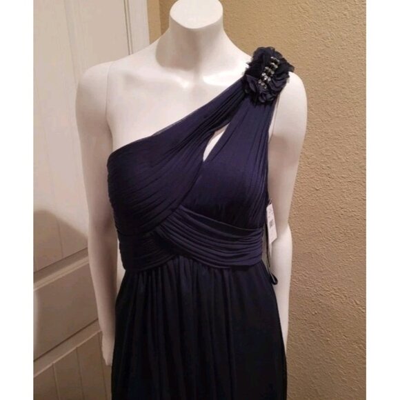 XSCAPE Dress Womens 6 Navy Blue Maxi One Shoulder Chiffon Formal Gown Beaded - Picture 6 of 16